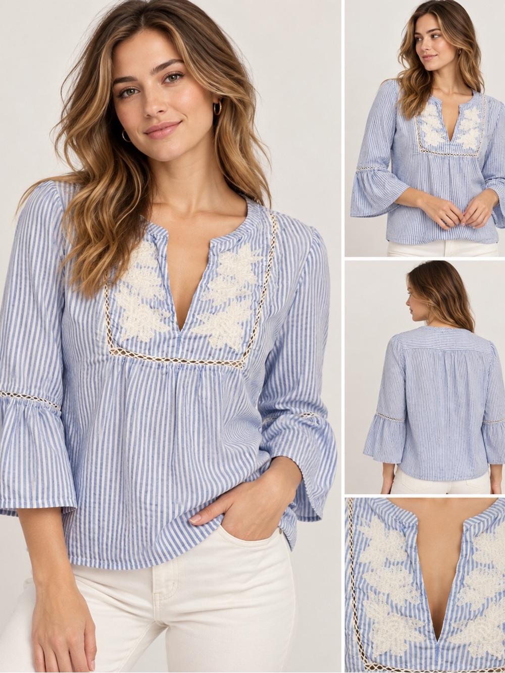 GAP Women’s Large Blue White Striped Embroidered Cotton Bell Sleeve Blouse